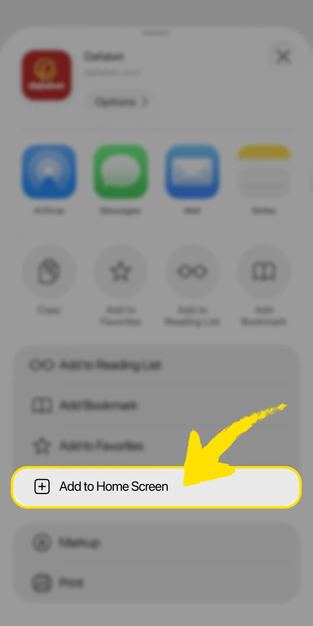 Open the iOS Share menu and select Add to Home Screen for the Dafabet web app.