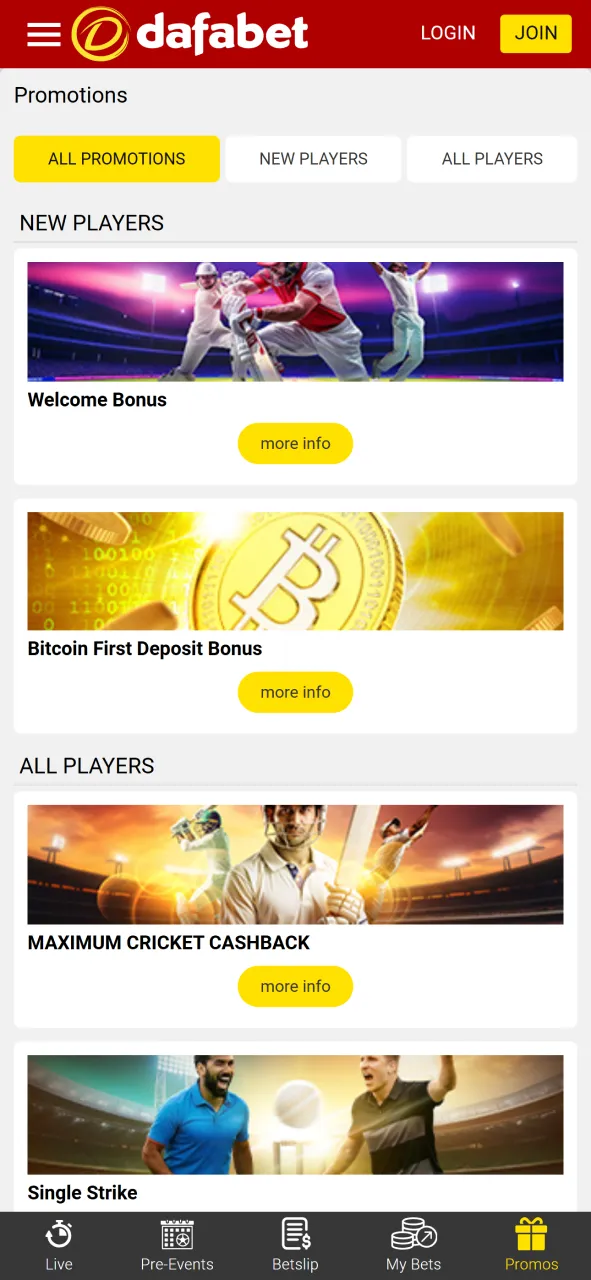 Dafabet mobile app promotions page showing welcome bonuses and cricket betting offers for Indian players.