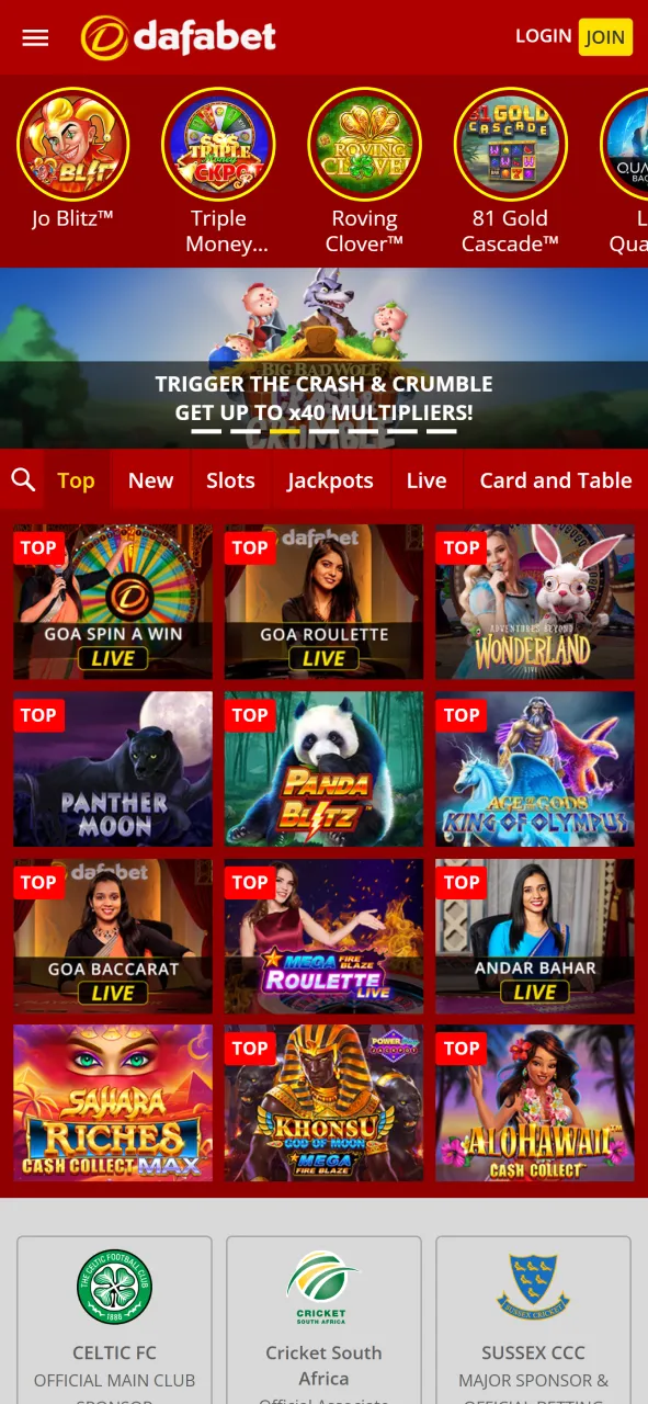 Dafabet India app casino lobby featuring popular slots, live dealer games, and traditional Indian card games.