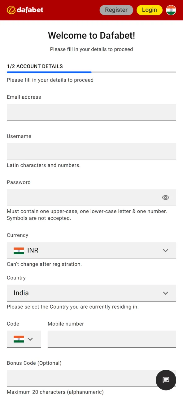 Sign-up screen in the Dafabet app showing the mobile registration form with INR currency selection.