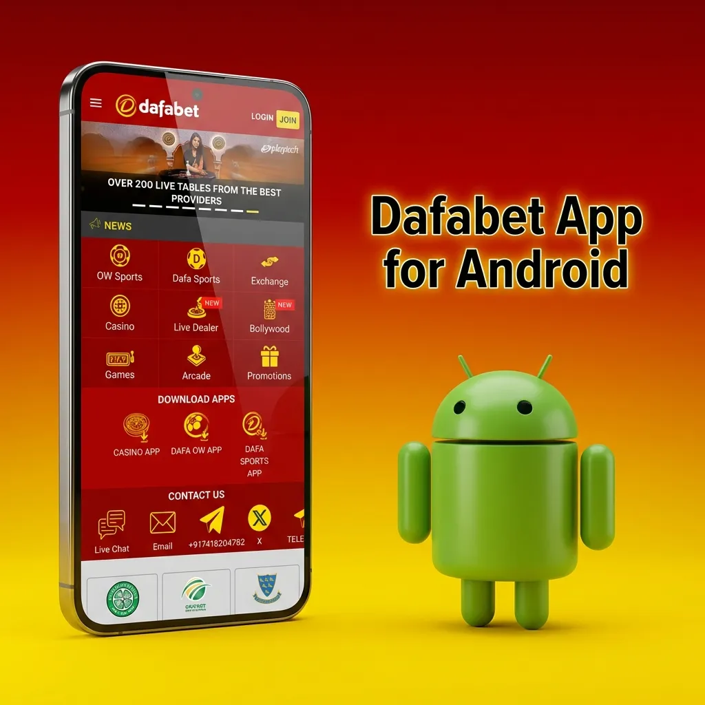 Smartphone showing Dafabet Android app with live odds, slots, table games, and rupee payment options
