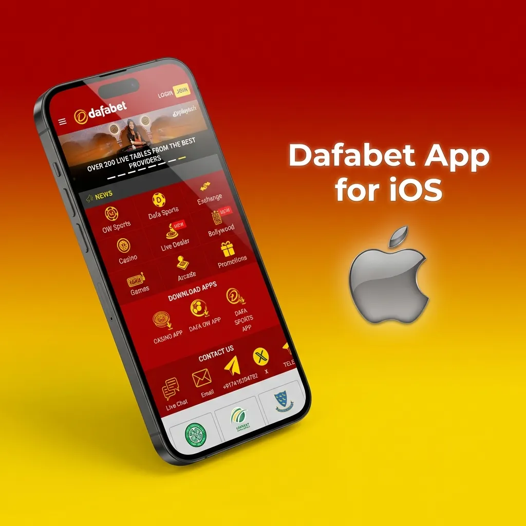 iPhone showing Dafabet iOS app with sports betting, live casino, and payment options in a clean Apple-style interface