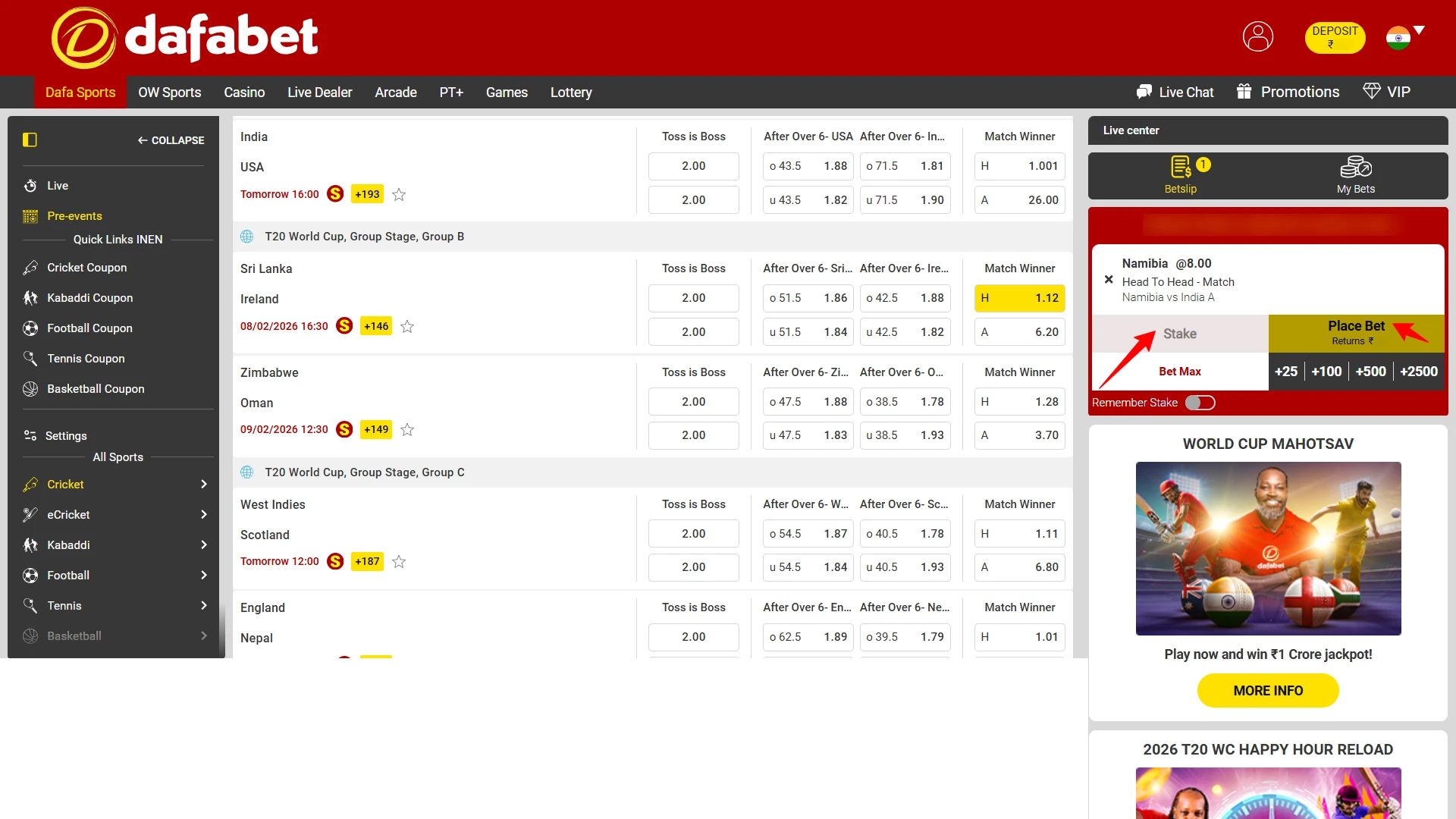 Entering the stake amount in INR and clicking the Place Bet button on Dafabet.
