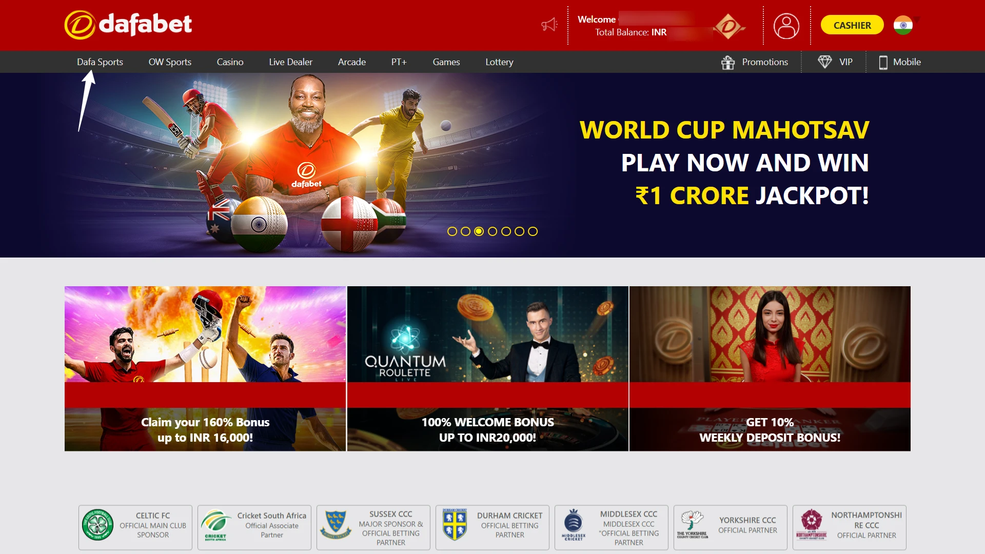 Selecting the Sports section and choosing a cricket match on Dafabet India.