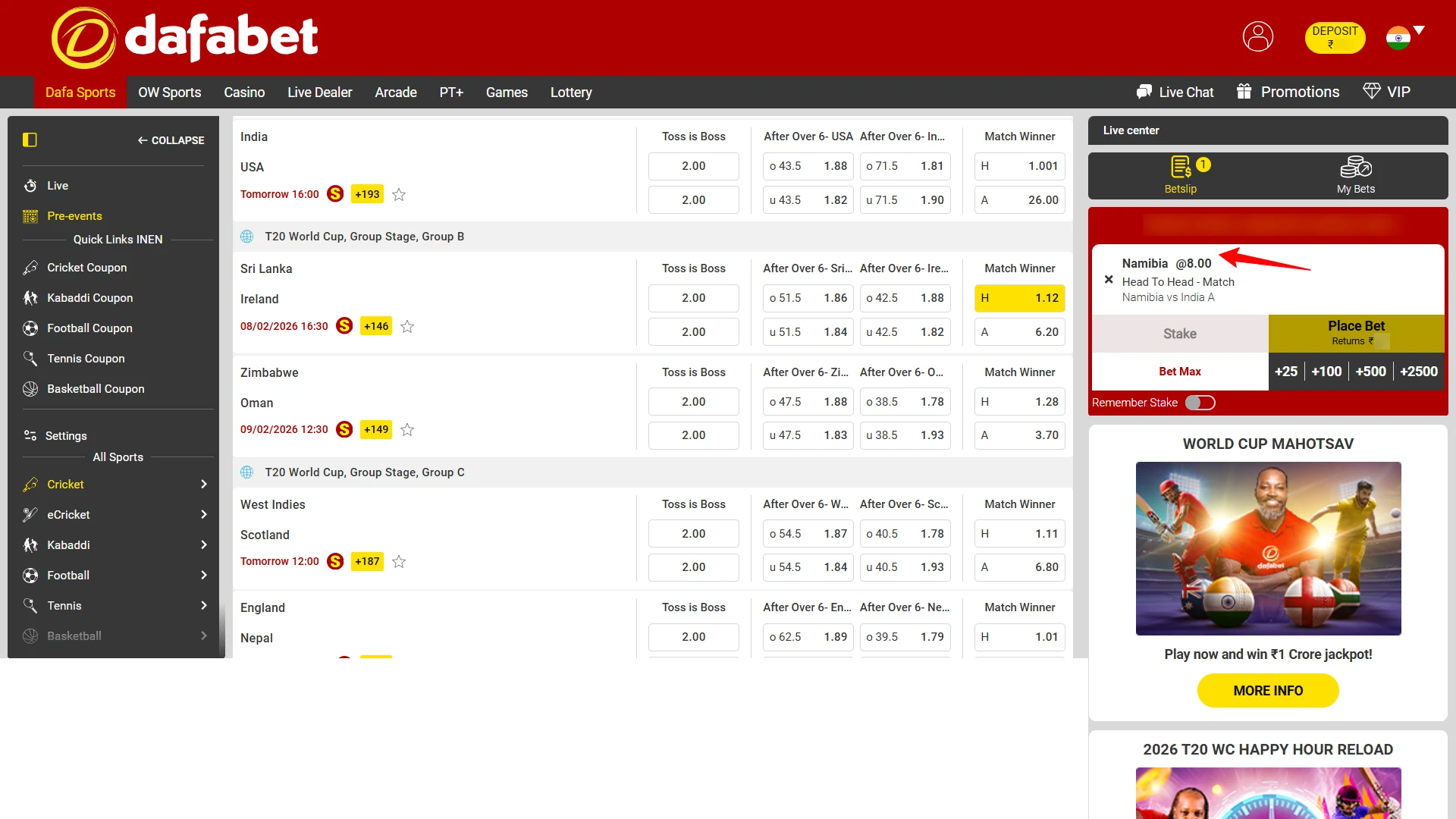 Reviewing the Dafabet bet slip to choose between Single or Accumulator bets.