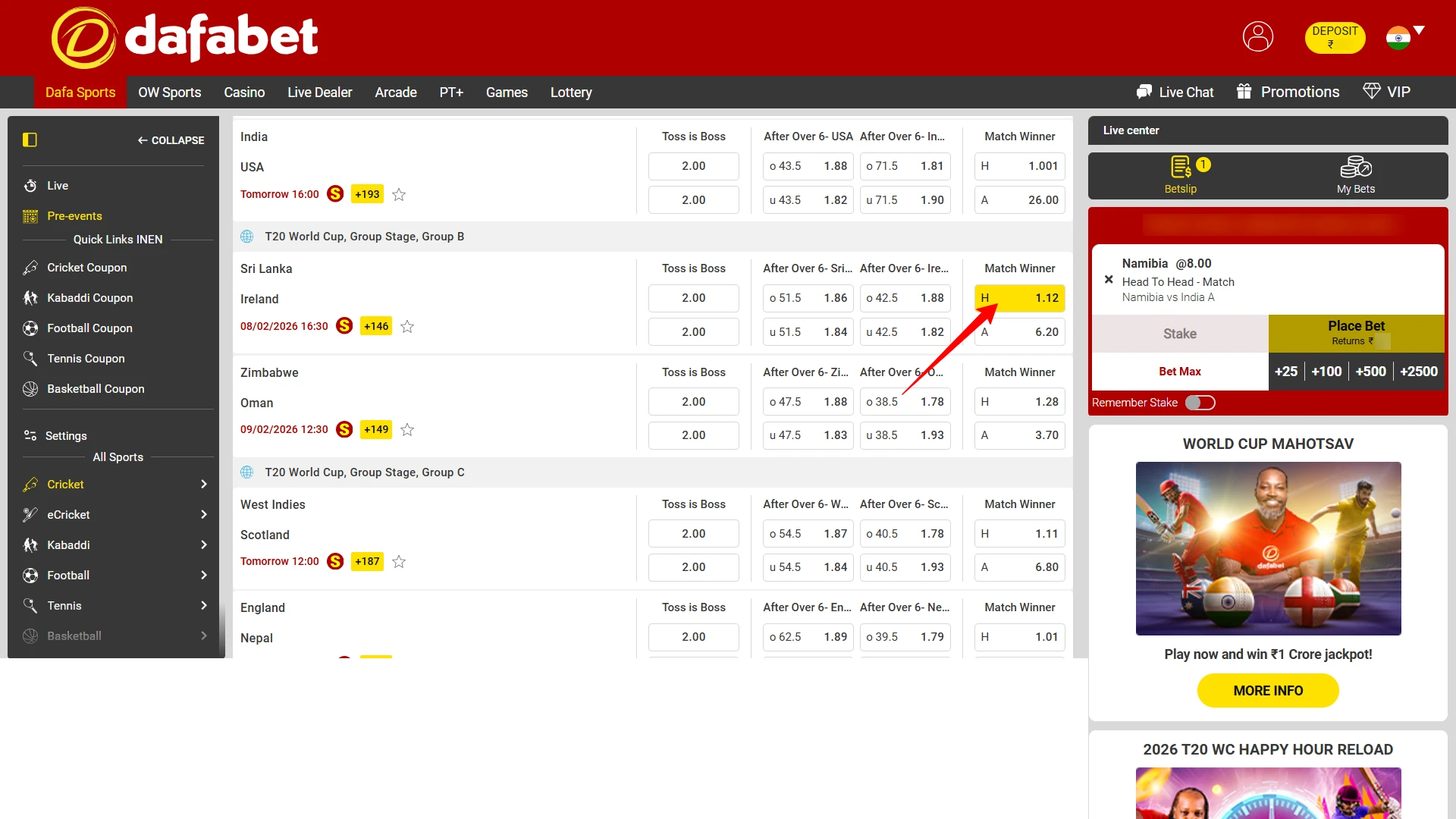Picking betting odds and adding a selection to the Dafabet bet slip.