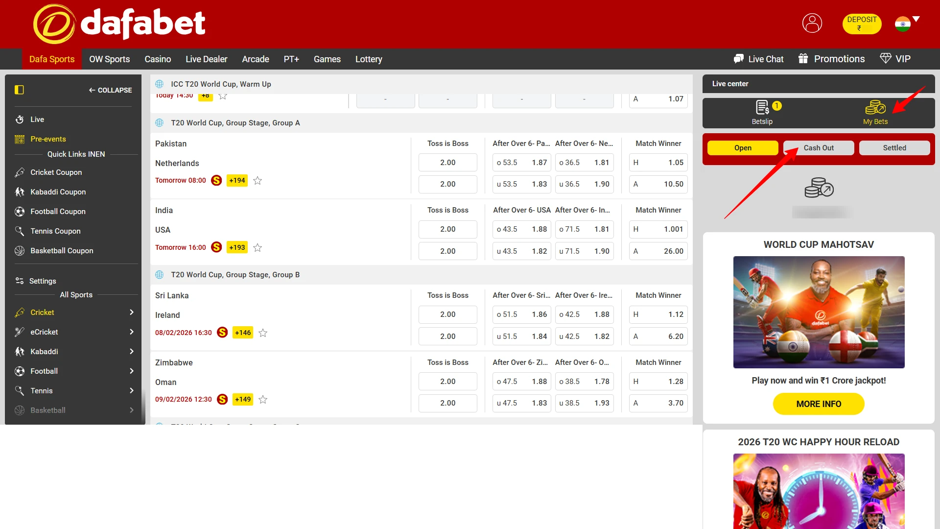 Monitoring active bets in the Dafabet history and using the Cash Out feature.