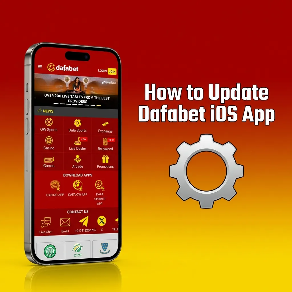 Illustration of an iPhone showing the Dafabet iOS app update steps with icons and brief instructions on screen