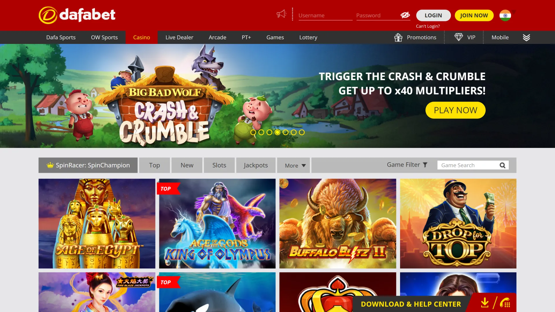 Dafabet online casino lobby with popular slots, live dealer games, and table games in India.