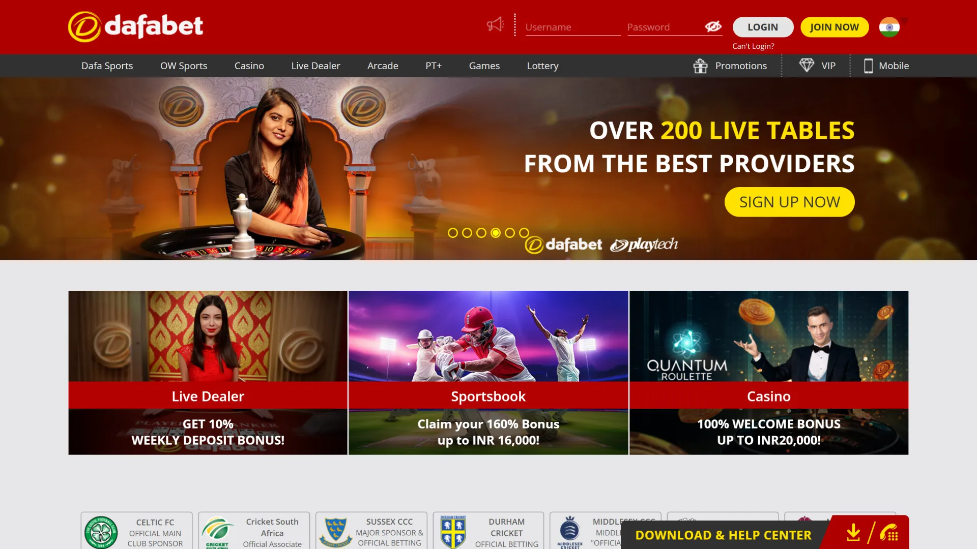 Dafabet India homepage featuring cricket betting and online casino games.