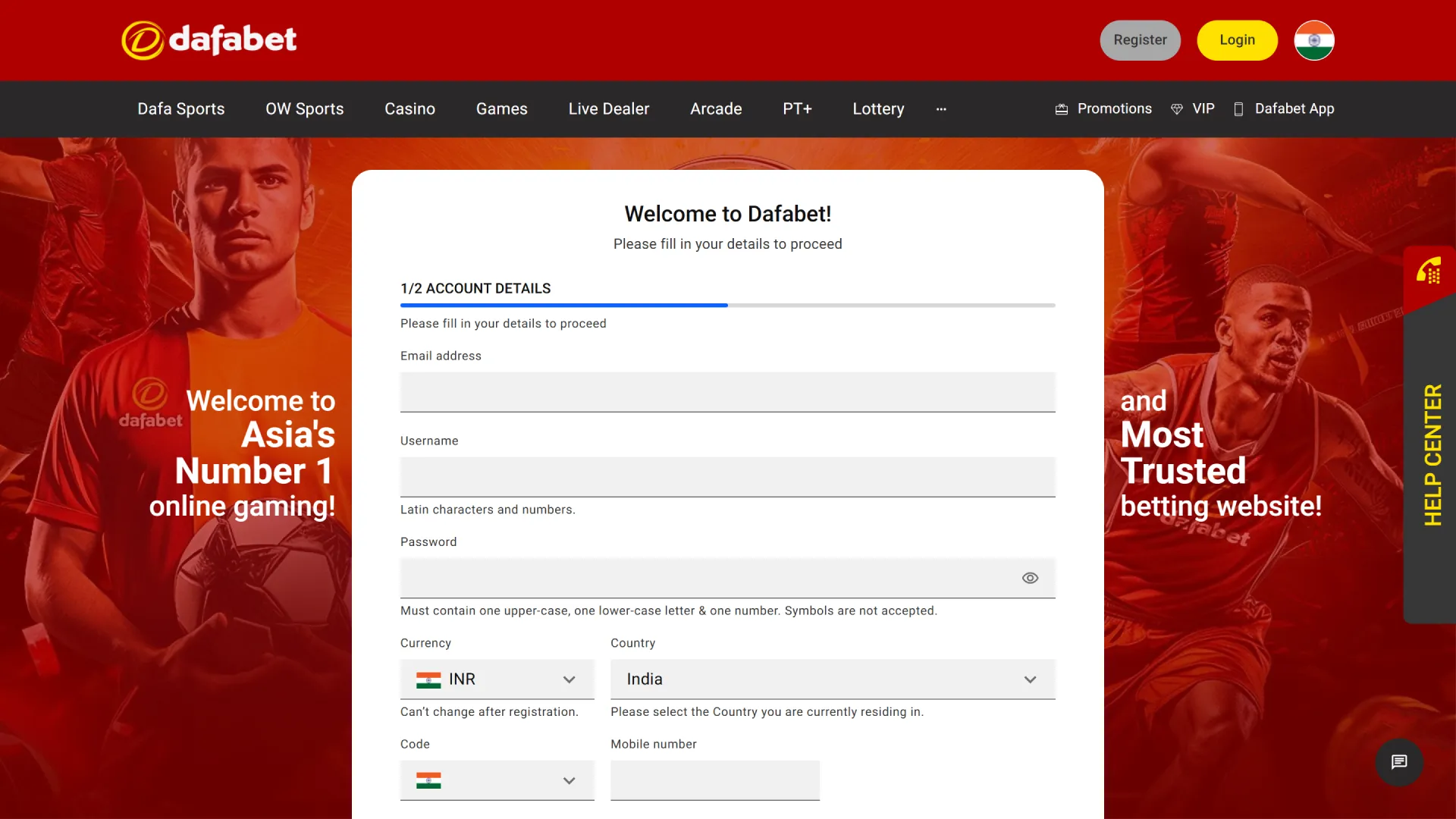 Dafabet India account registration page – sign up process for Indian players.